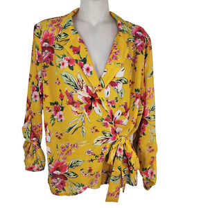Kut From The Kloth Womens Blouse Large Floral Felicity Wrap Top Tie Waist Yellow